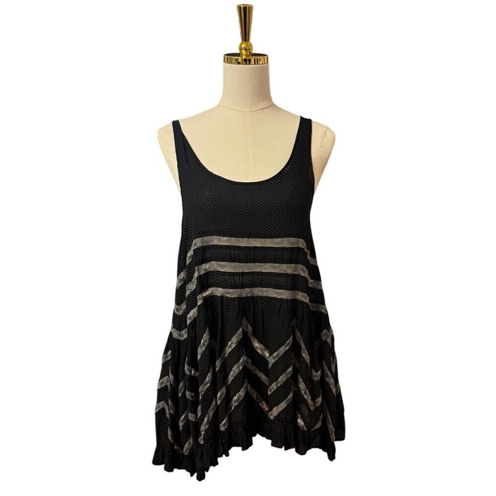 Free People Voile & Lace Trapeze Swing Dress Black Polka Dot XS
